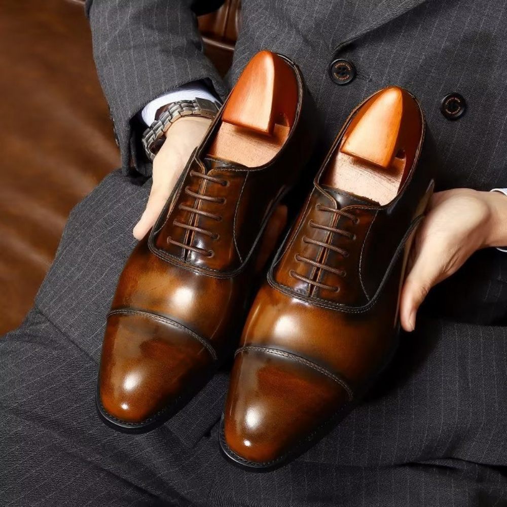 Chaussures Formelles Pour Hommes Habillées Oxford Cuir Luxe À Bout Rond - Café