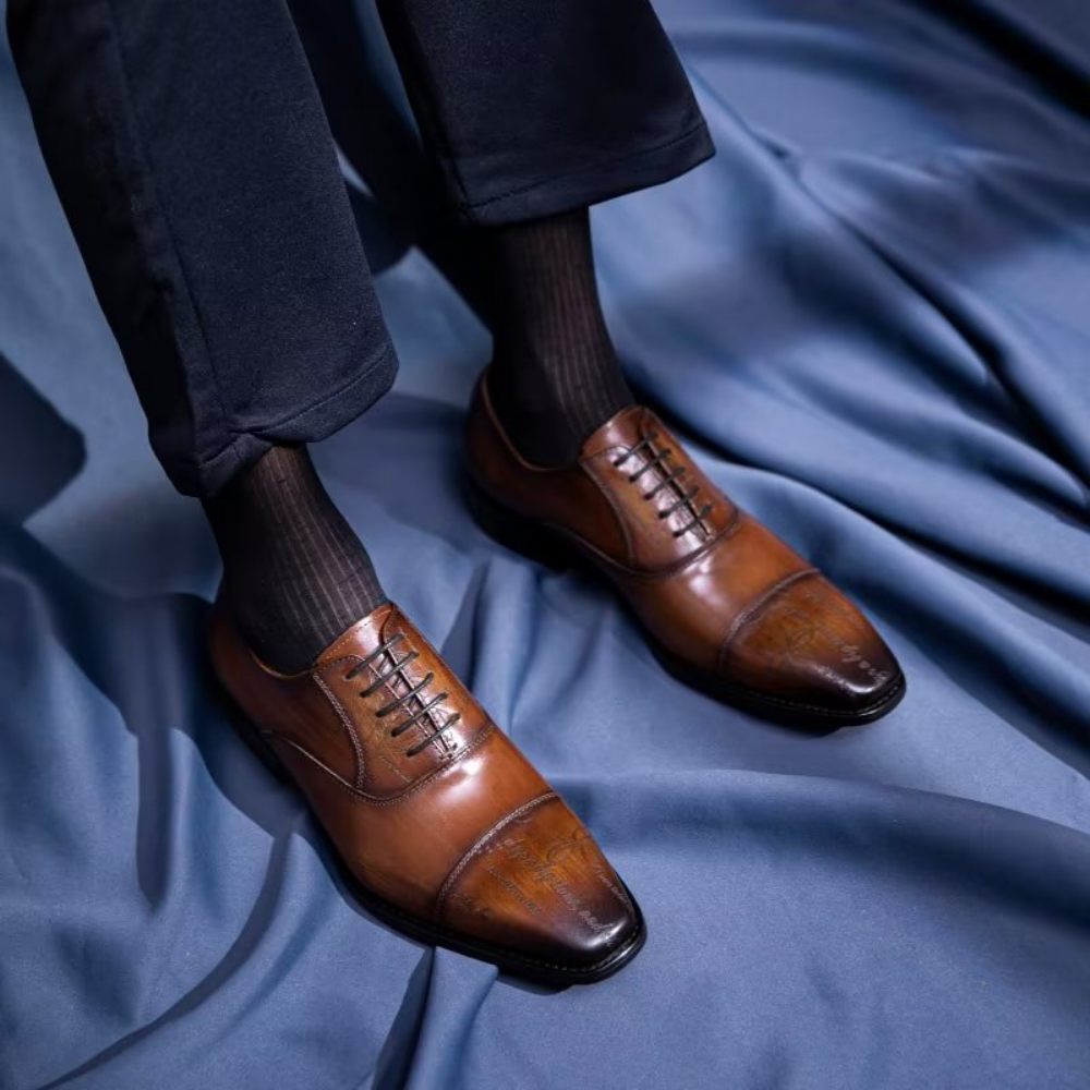 Chaussures Formelles Pour Hommes Habillées Oxford Cuir Vache Exotique - Café