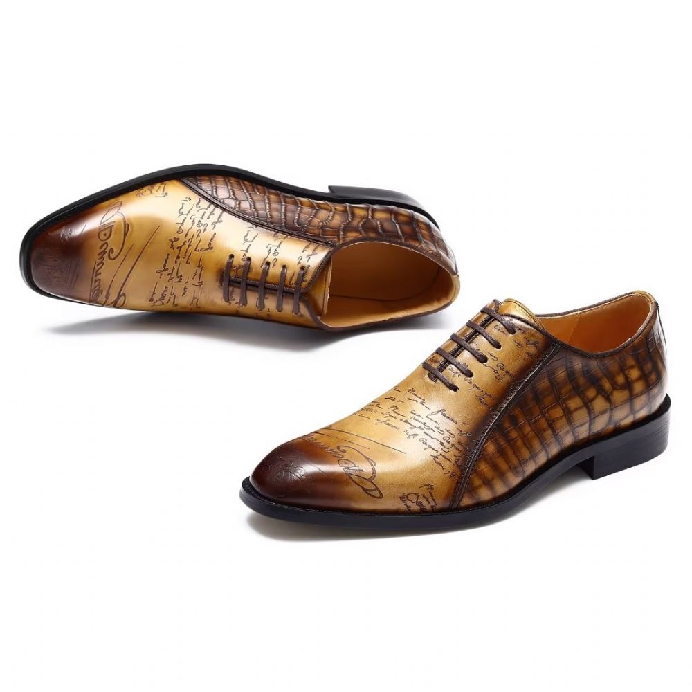 Chaussures Formelles Pour Hommes Habillées Oxford Cuir Véritable Gaufré - Marron