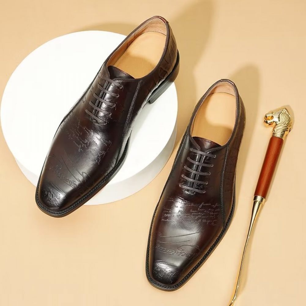 Chaussures Formelles Pour Hommes Habillées Oxford Cuir Véritable Gaufré - Café