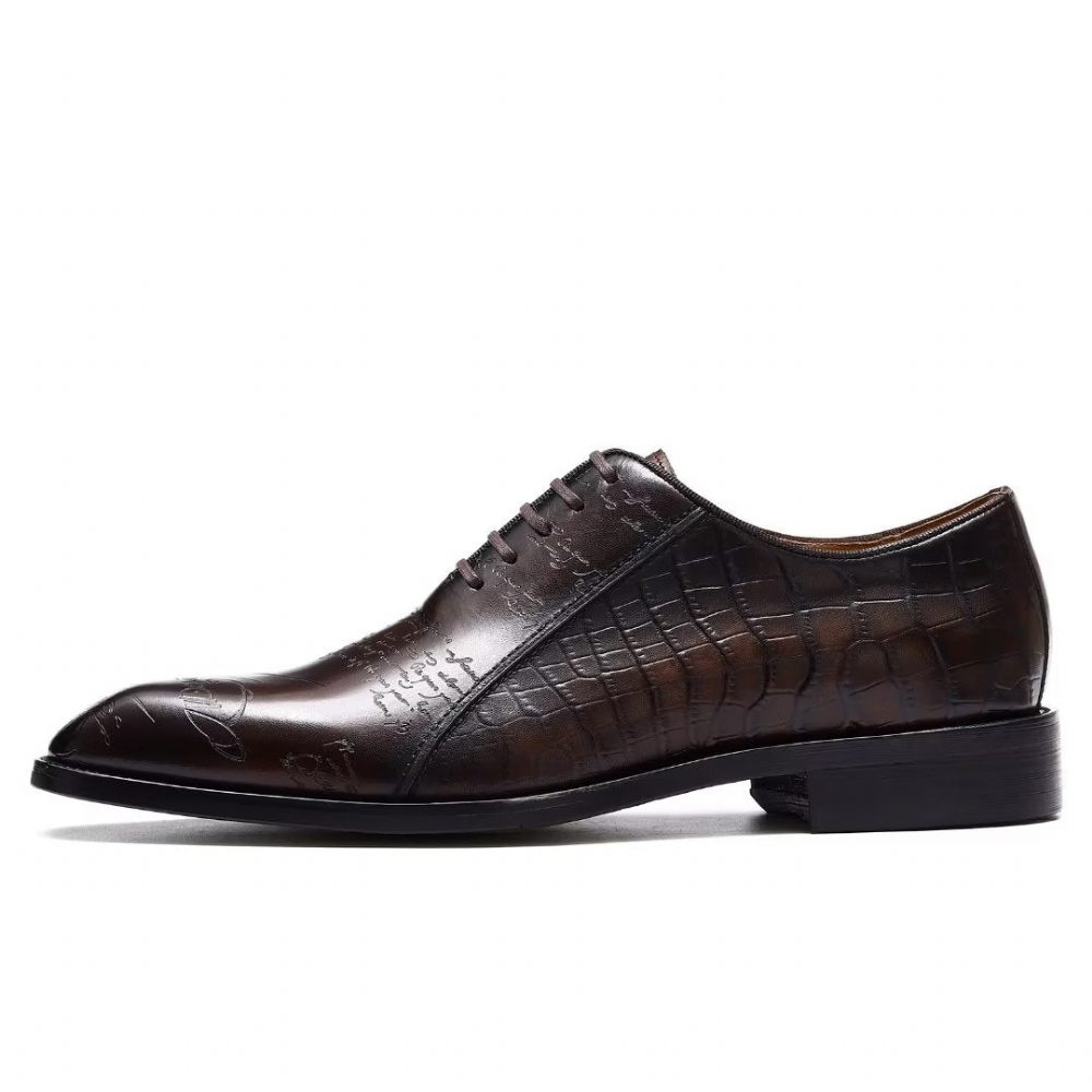 Chaussures Formelles Pour Hommes Habillées Oxford Cuir Véritable Gaufré - Café