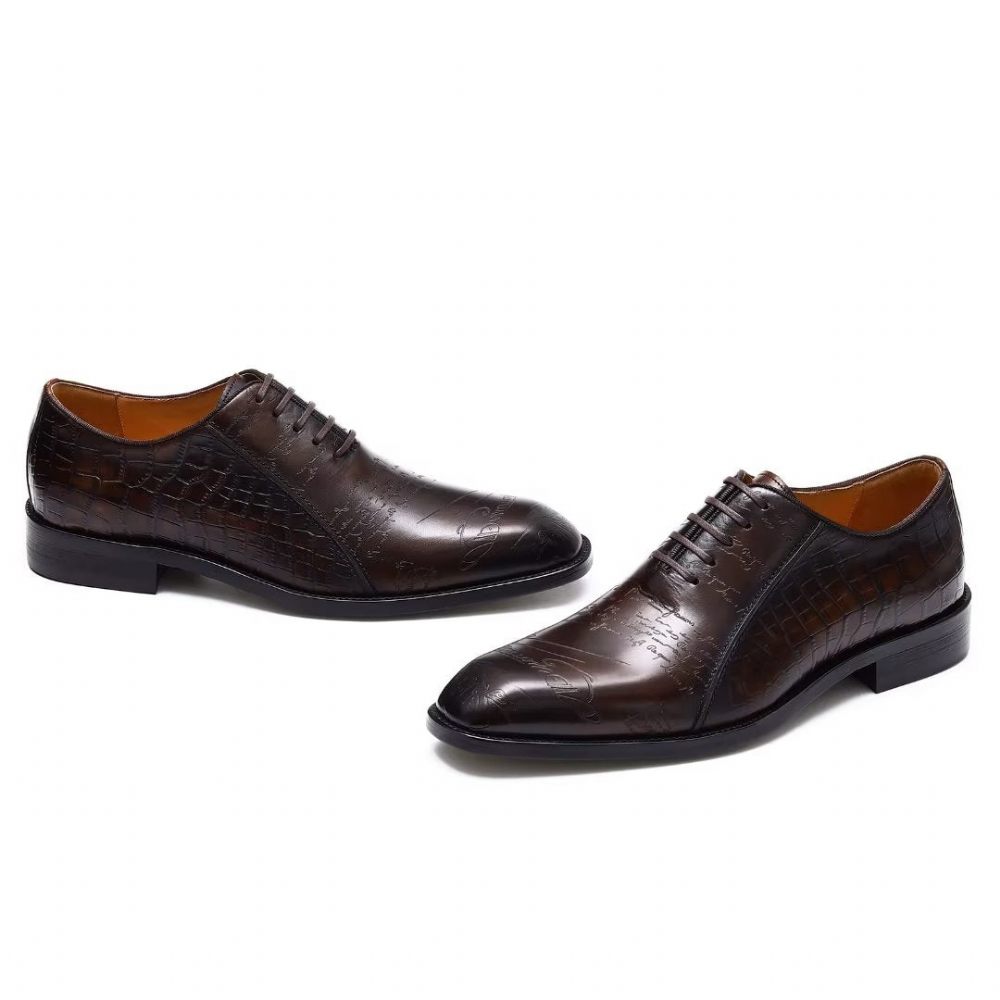 Chaussures Formelles Pour Hommes Habillées Oxford Cuir Véritable Gaufré - Café