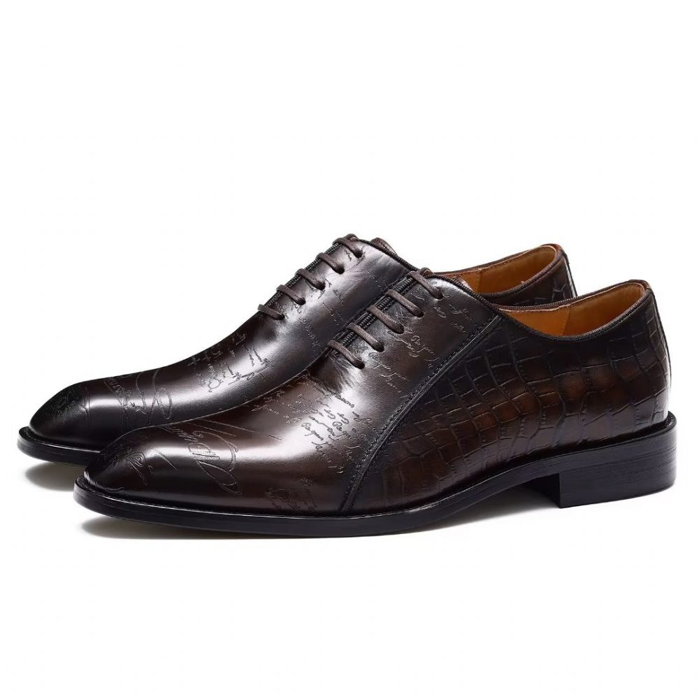 Chaussures Formelles Pour Hommes Habillées Oxford Cuir Véritable Gaufré - Café