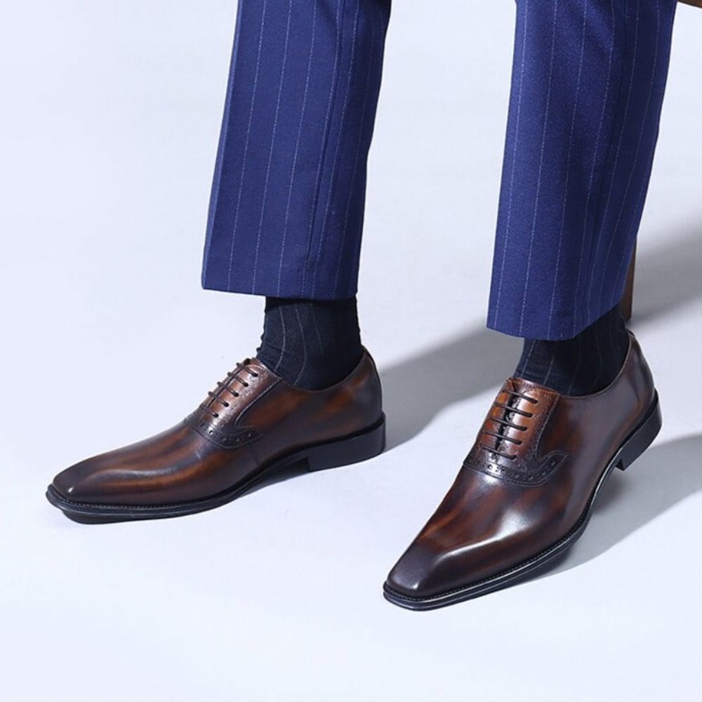 Chaussures Formelles Pour Hommes Habillées Oxford À Lacets Cuir Raffiné - Café