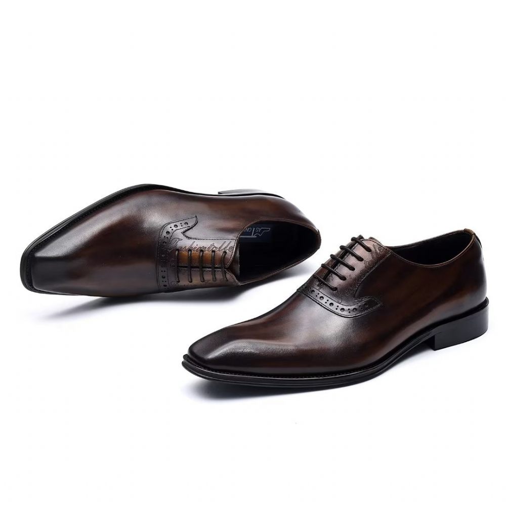 Chaussures Formelles Pour Hommes Habillées Oxford À Lacets Cuir Raffiné - Café