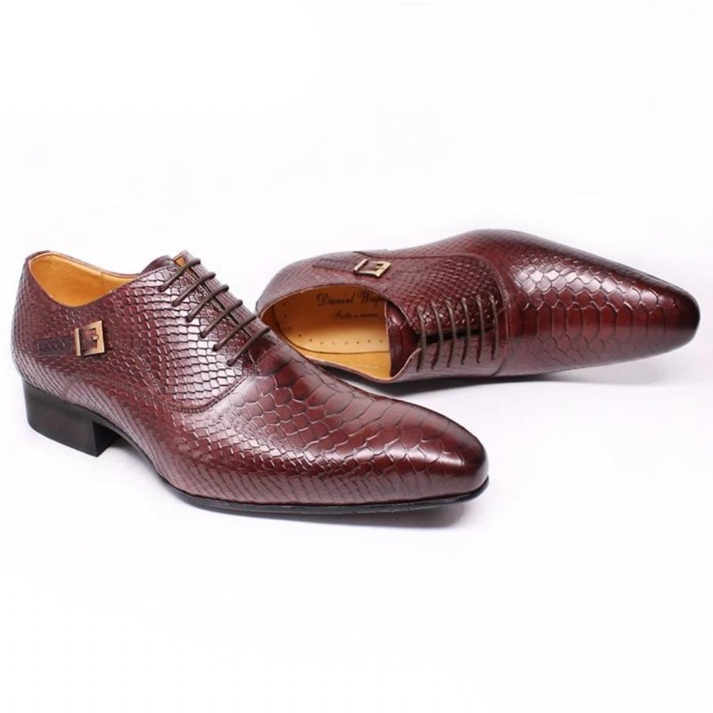 Chaussures Formelles Pour Hommes Habillées Oxford À Lacets Serpent Bordeaux - Rouge