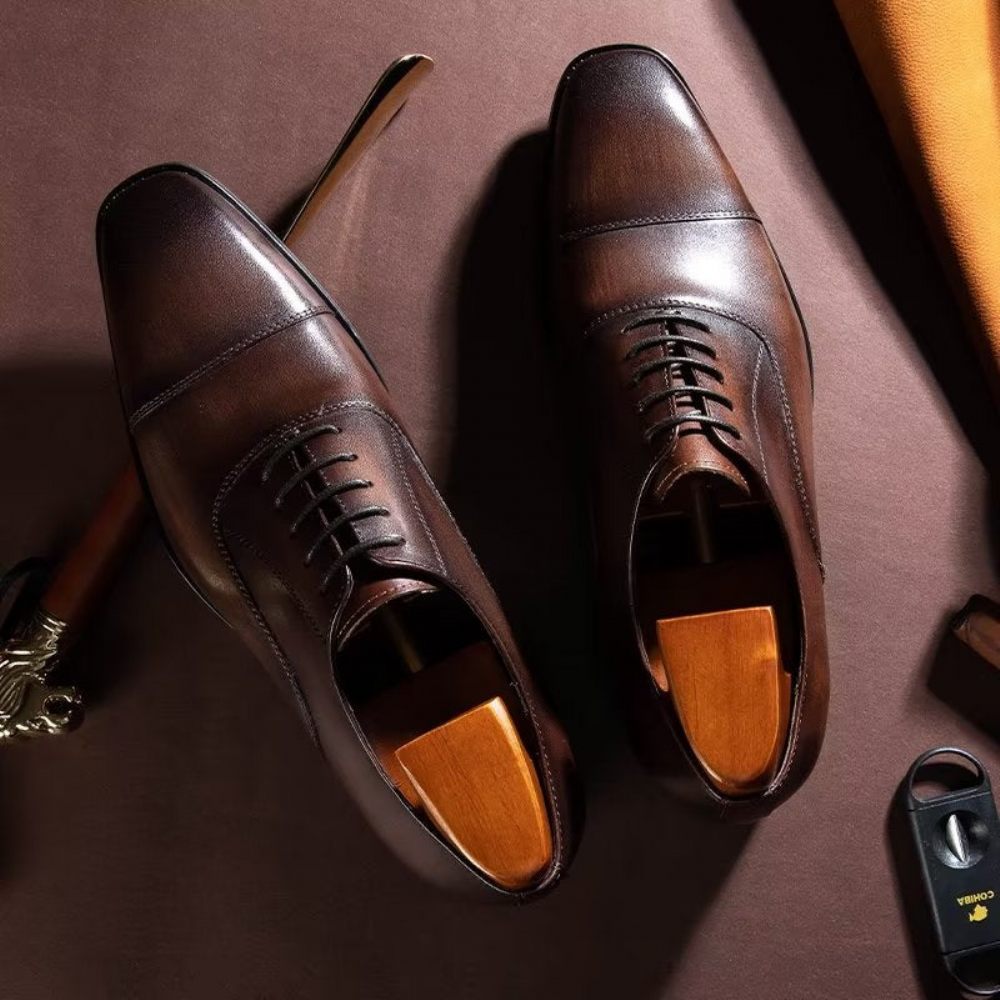 Chaussures Formelles Pour Hommes Habillées Oxford À Motif Lisse Luxe - Café