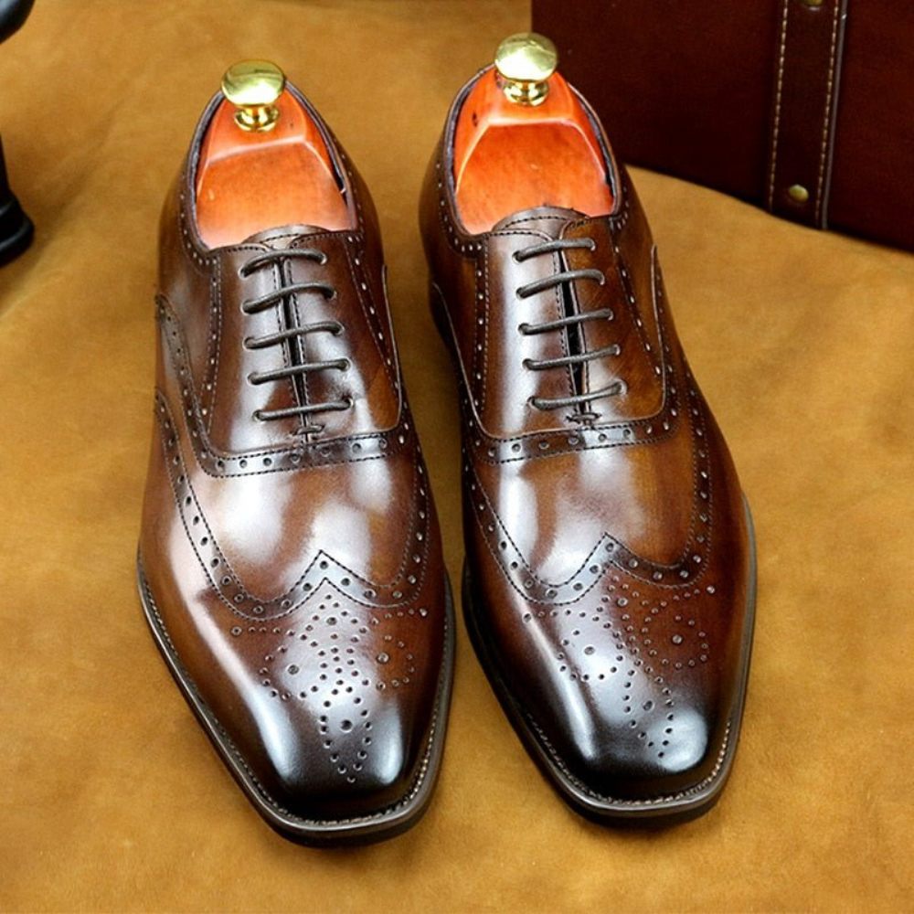 Chaussures Formelles Pour Hommes Habillées Oxford À Plateforme Cuir Luxe - Café