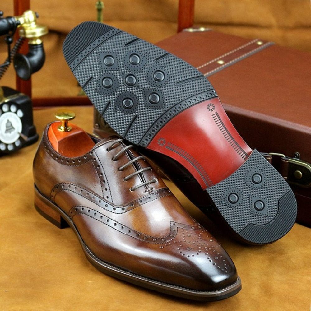 Chaussures Formelles Pour Hommes Habillées Oxford À Plateforme Cuir Luxe - Café