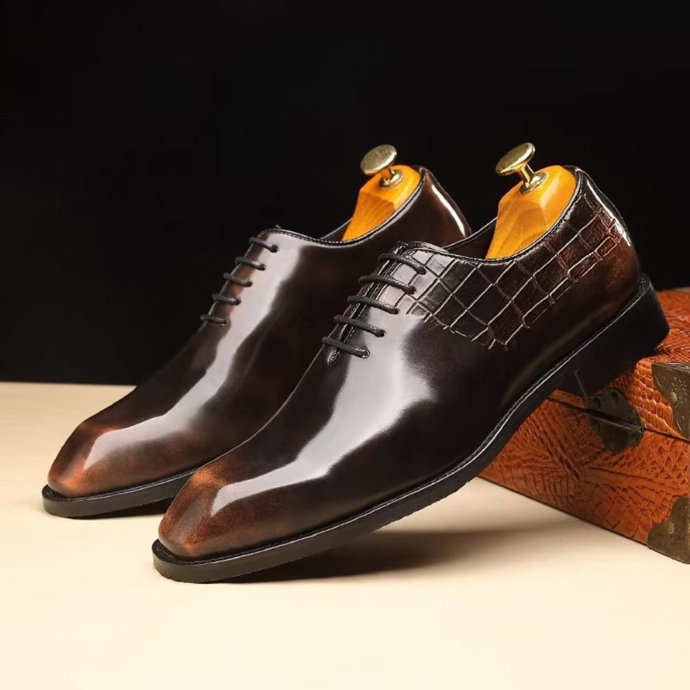 Chaussures Formelles Pour Hommes Habillées Oxford À Texture Crocodile Élégantes - Café