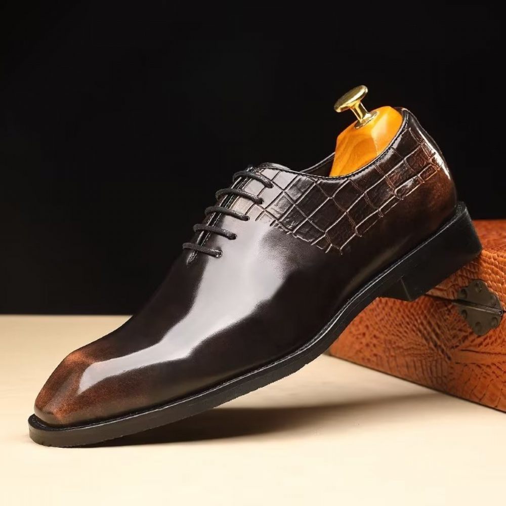 Chaussures Formelles Pour Hommes Habillées Oxford À Texture Crocodile Élégantes - Café