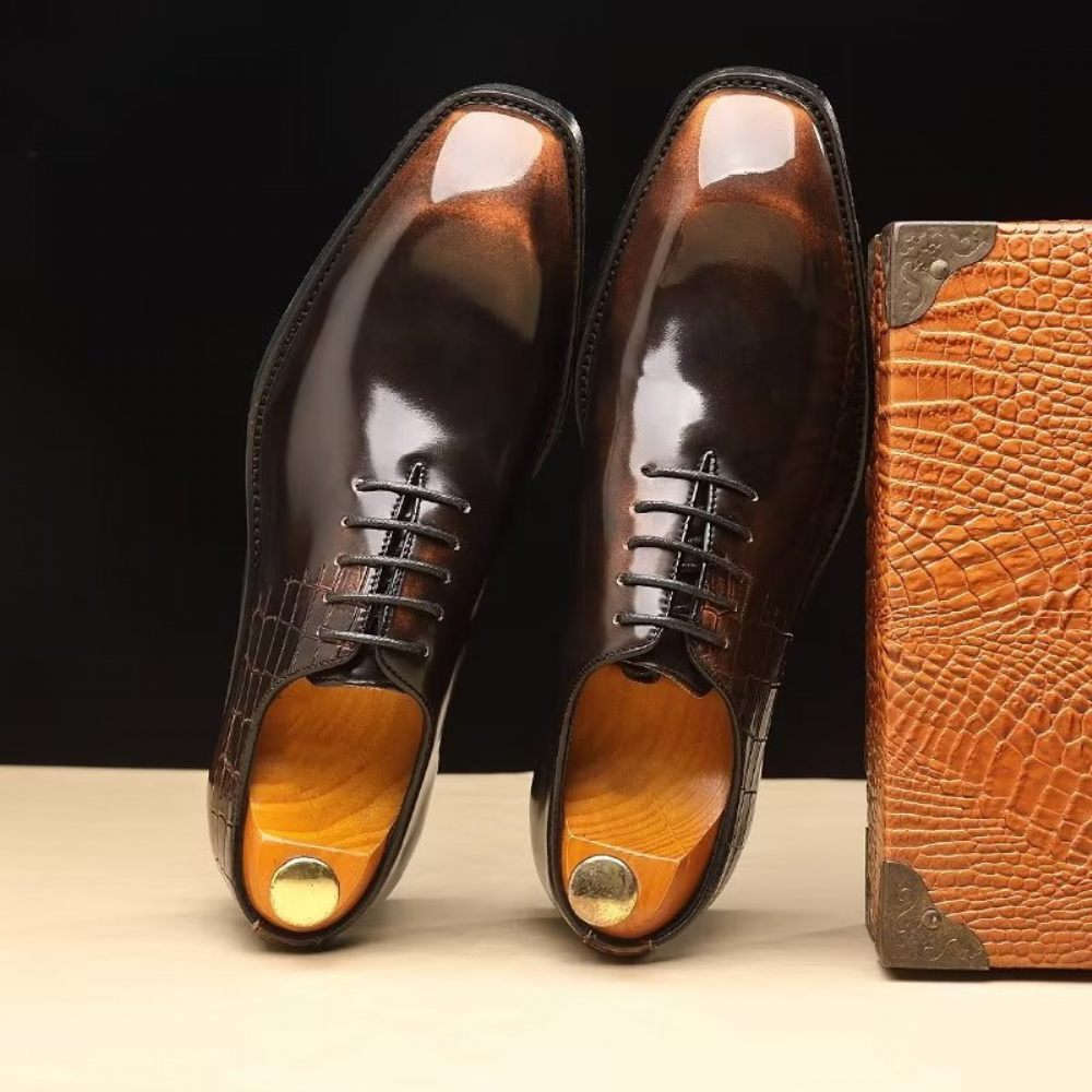 Chaussures Formelles Pour Hommes Habillées Oxford À Texture Crocodile Élégantes - Café