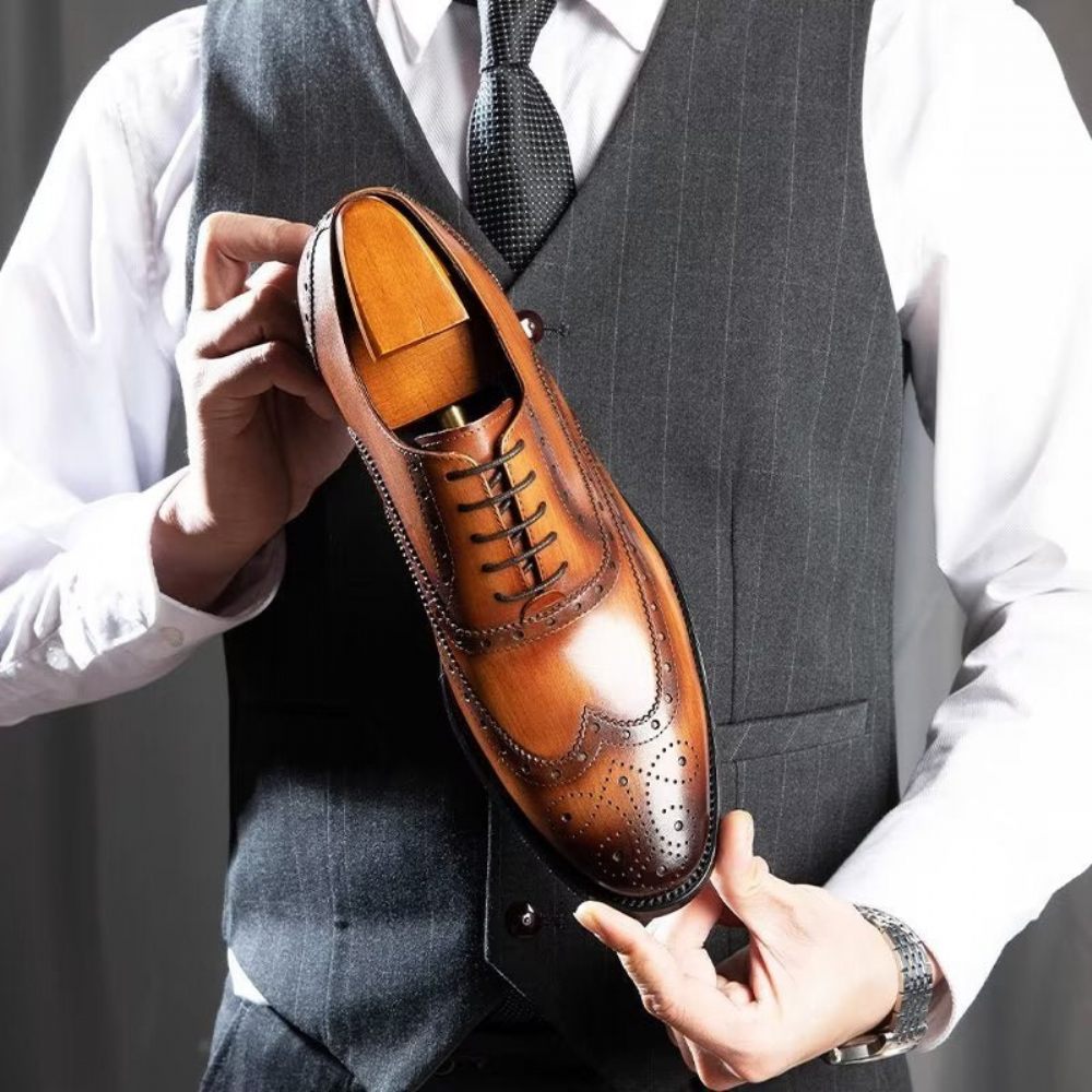 Chaussures Formelles Pour Hommes Habillées Richelieu Cuir Luxe - Café