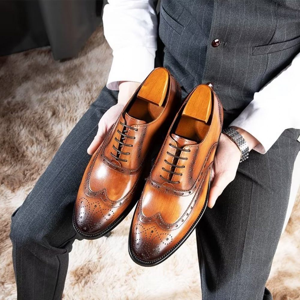 Chaussures Formelles Pour Hommes Habillées Richelieu Cuir Luxe - Café