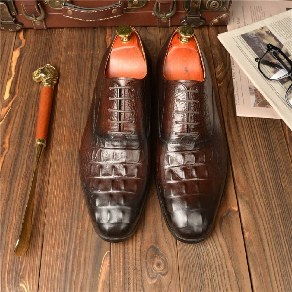 Chaussures Formelles Pour Hommes Habillées Richelieu Cuir Sculpté Exotique - Café