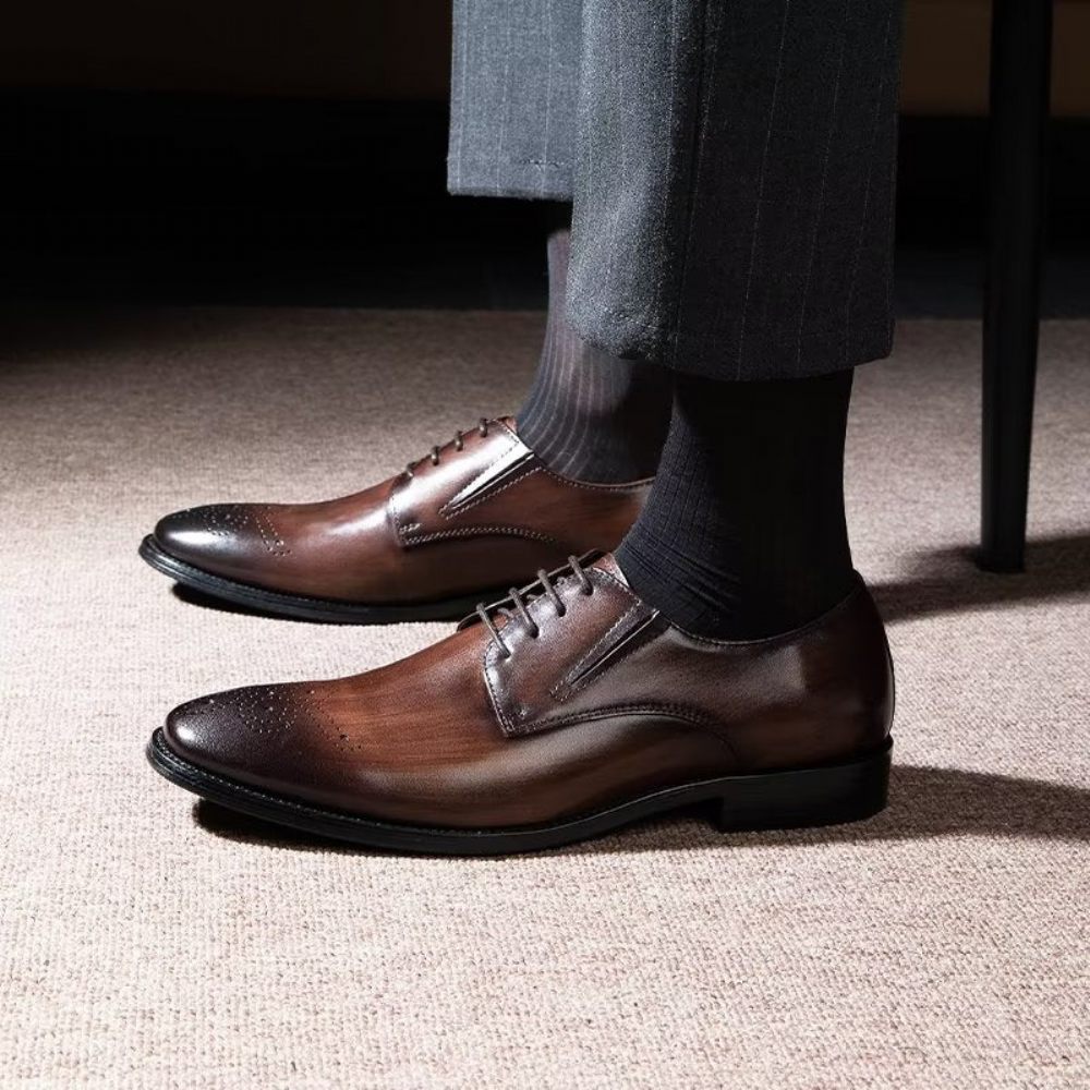 Chaussures Formelles Pour Hommes Habillées Richelieu Cuir Vache Raffiné - Café