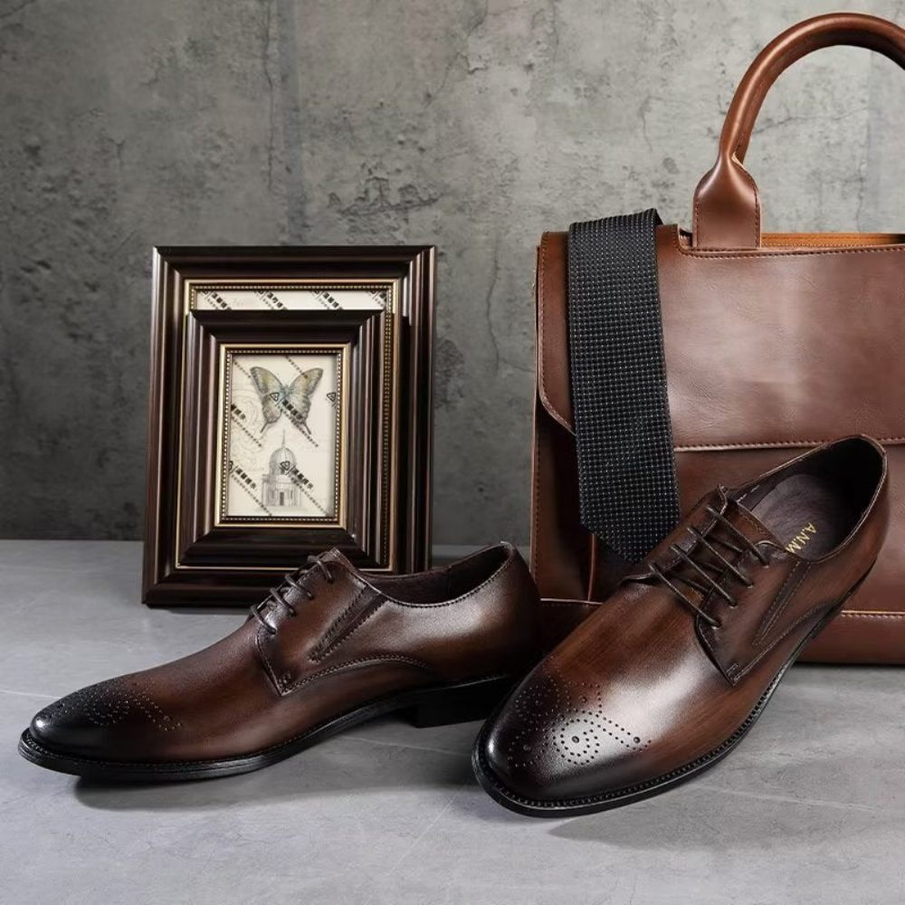 Chaussures Formelles Pour Hommes Habillées Richelieu Cuir Vache Raffiné - Café