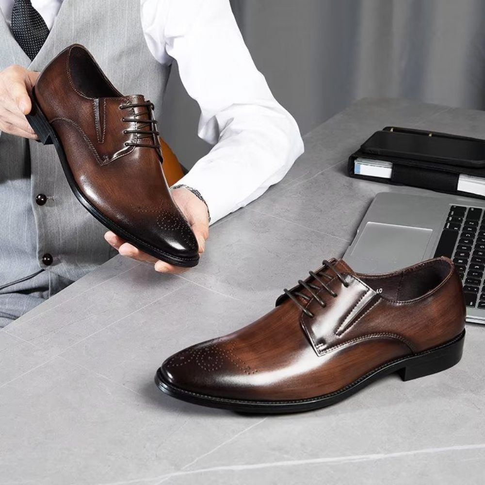 Chaussures Formelles Pour Hommes Habillées Richelieu Cuir Vache Raffiné - Café