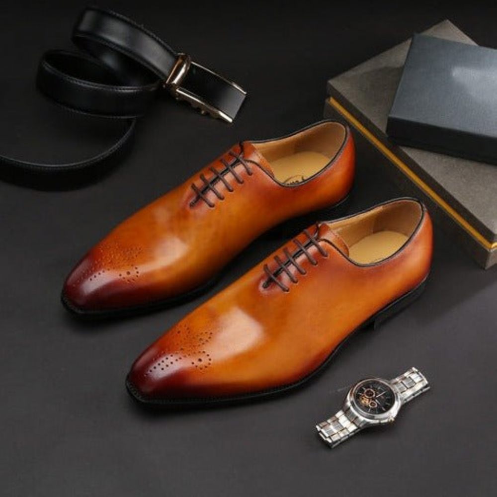 Chaussures Formelles Pour Hommes Habillées Style Richelieu À Pois Exotiques - Marron