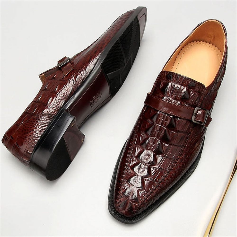 Chaussures Formelles Pour Hommes Luxe Cuir Crocodile Avec Sangle À Boucle Habillées Oxford - Rouge