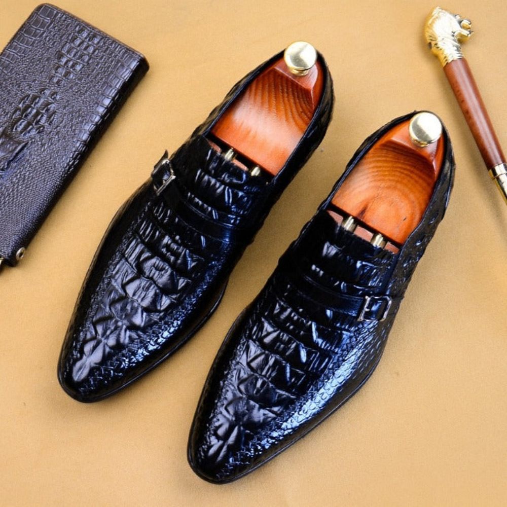 Chaussures Formelles Pour Hommes Luxe Cuir Crocodile Avec Sangle À Boucle Habillées Oxford - Noir