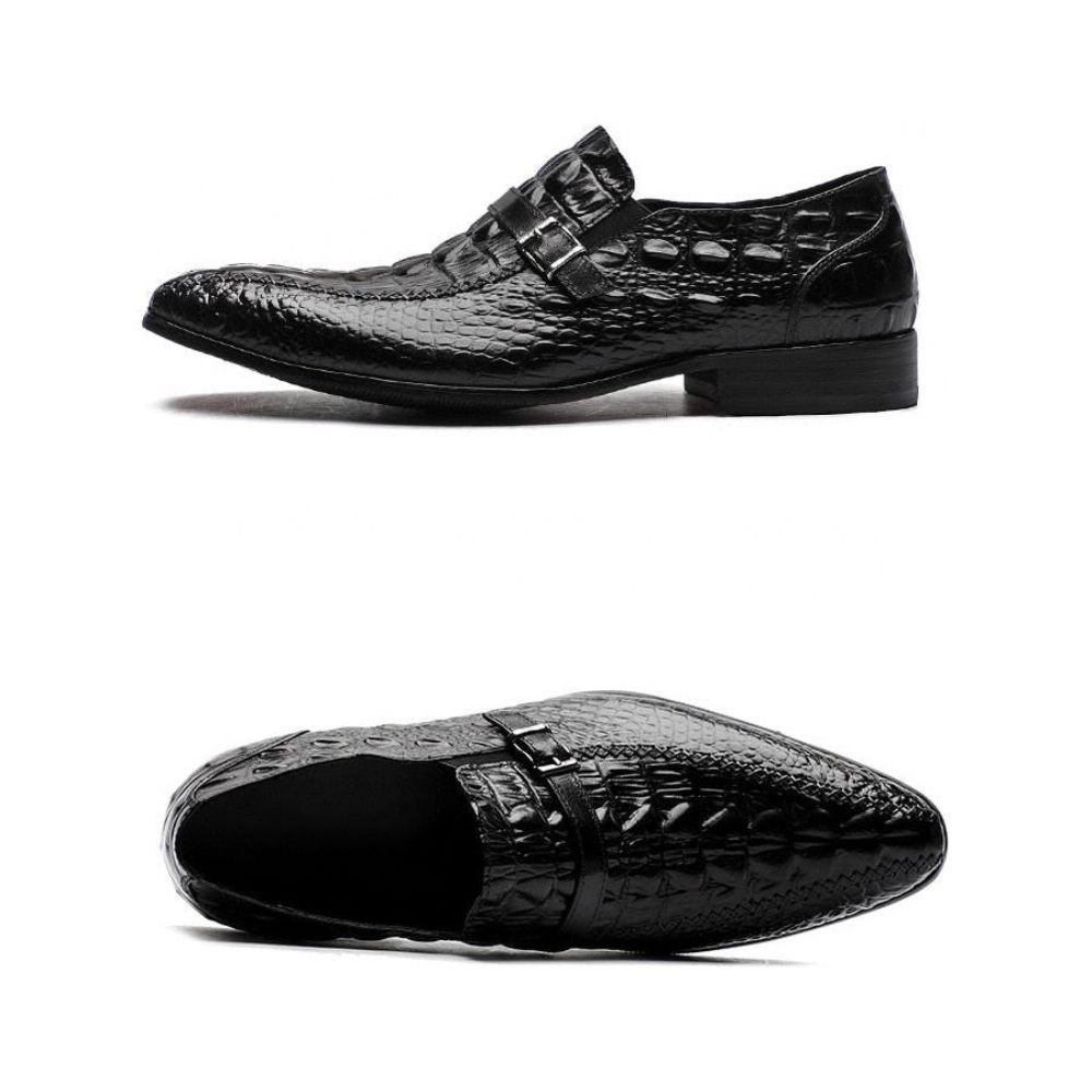 Chaussures Formelles Pour Hommes Luxe Cuir Crocodile Avec Sangle À Boucle Habillées Oxford - Noir