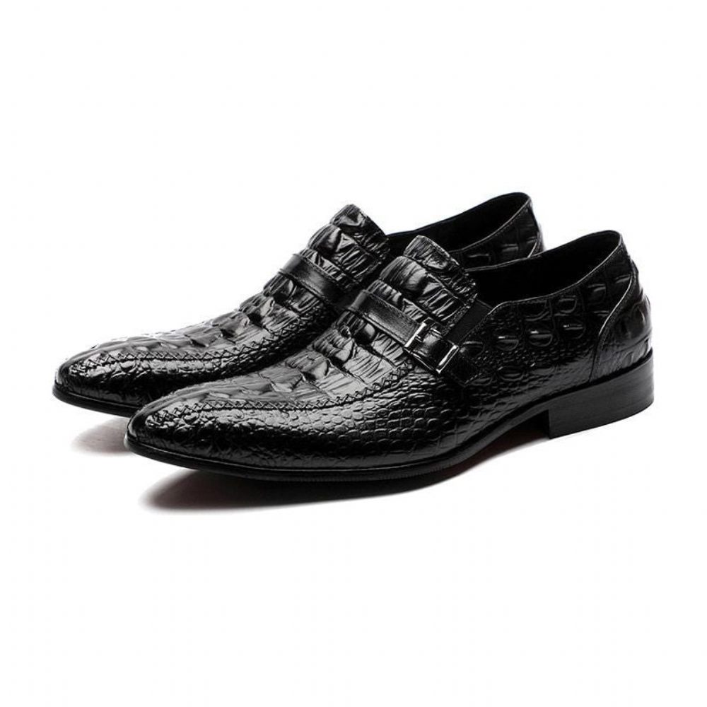 Chaussures Formelles Pour Hommes Luxe Cuir Crocodile Avec Sangle À Boucle Habillées Oxford - Noir