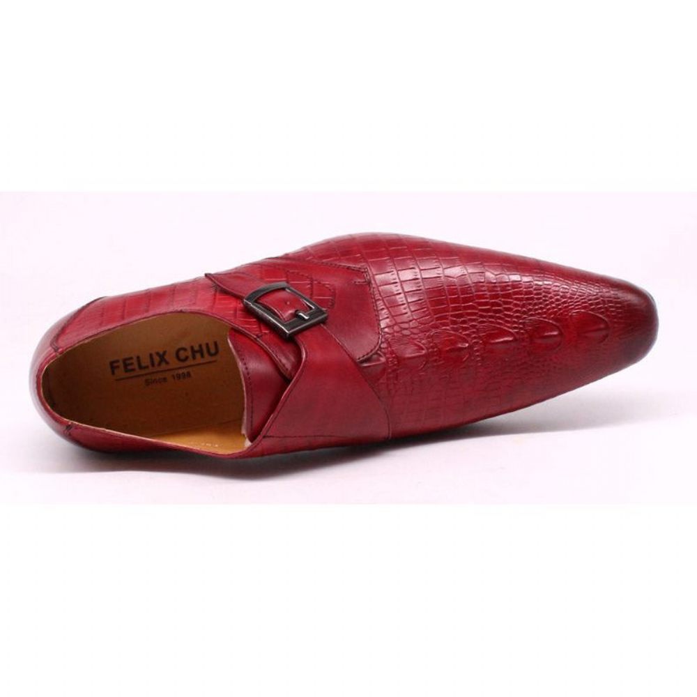 Chaussures Formelles Pour Hommes Luxe Cuir Crocodile À Bout Pointu Et Sangles Moine - Rouge