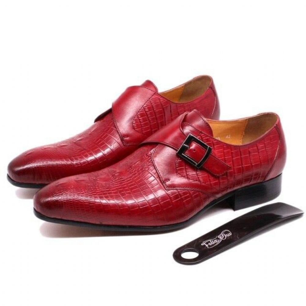 Chaussures Formelles Pour Hommes Luxe Cuir Crocodile À Bout Pointu Et Sangles Moine - Rouge