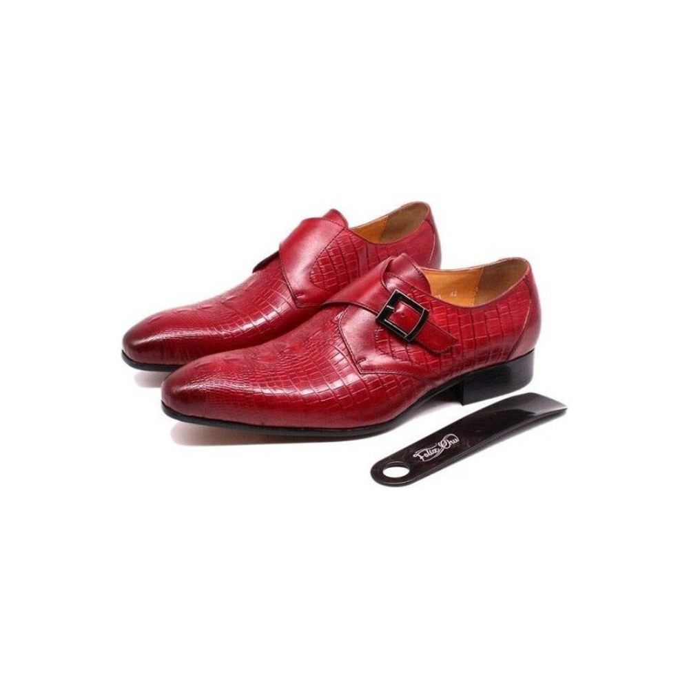 Chaussures Formelles Pour Hommes Luxe Cuir Crocodile À Bout Pointu Et Sangles Moine - Rouge