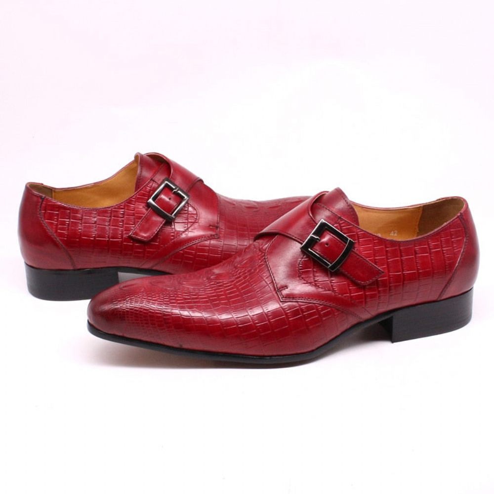 Chaussures Formelles Pour Hommes Luxe Cuir Crocodile À Bout Pointu Et Sangles Moine - Rouge