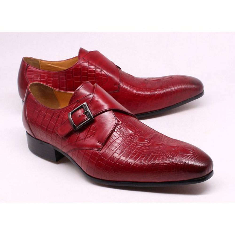 Chaussures Formelles Pour Hommes Luxe Cuir Crocodile À Bout Pointu Et Sangles Moine - Rouge