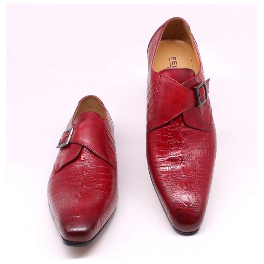 Chaussures Formelles Pour Hommes Luxe Cuir Crocodile À Bout Pointu Et Sangles Moine - Rouge