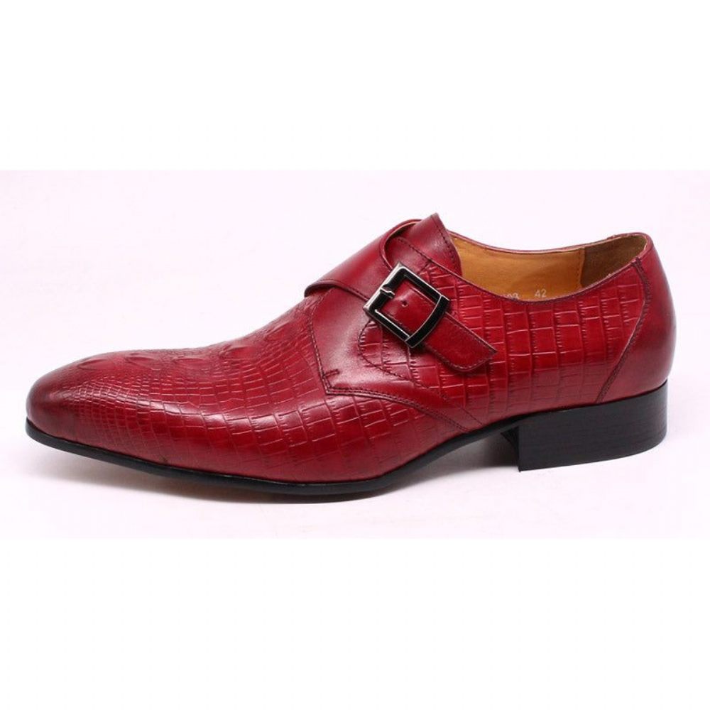 Chaussures Formelles Pour Hommes Luxe Cuir Crocodile À Bout Pointu Et Sangles Moine - Rouge