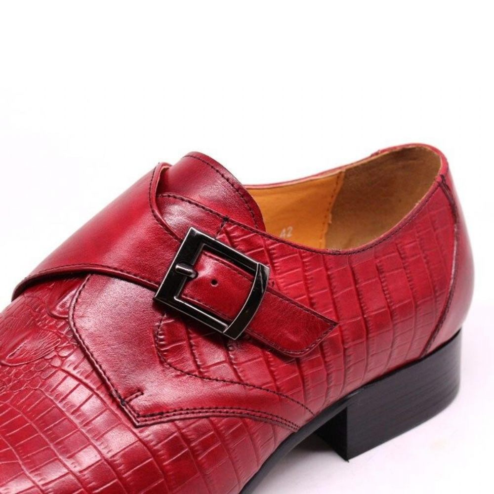 Chaussures Formelles Pour Hommes Luxe Cuir Crocodile À Bout Pointu Et Sangles Moine - Rouge