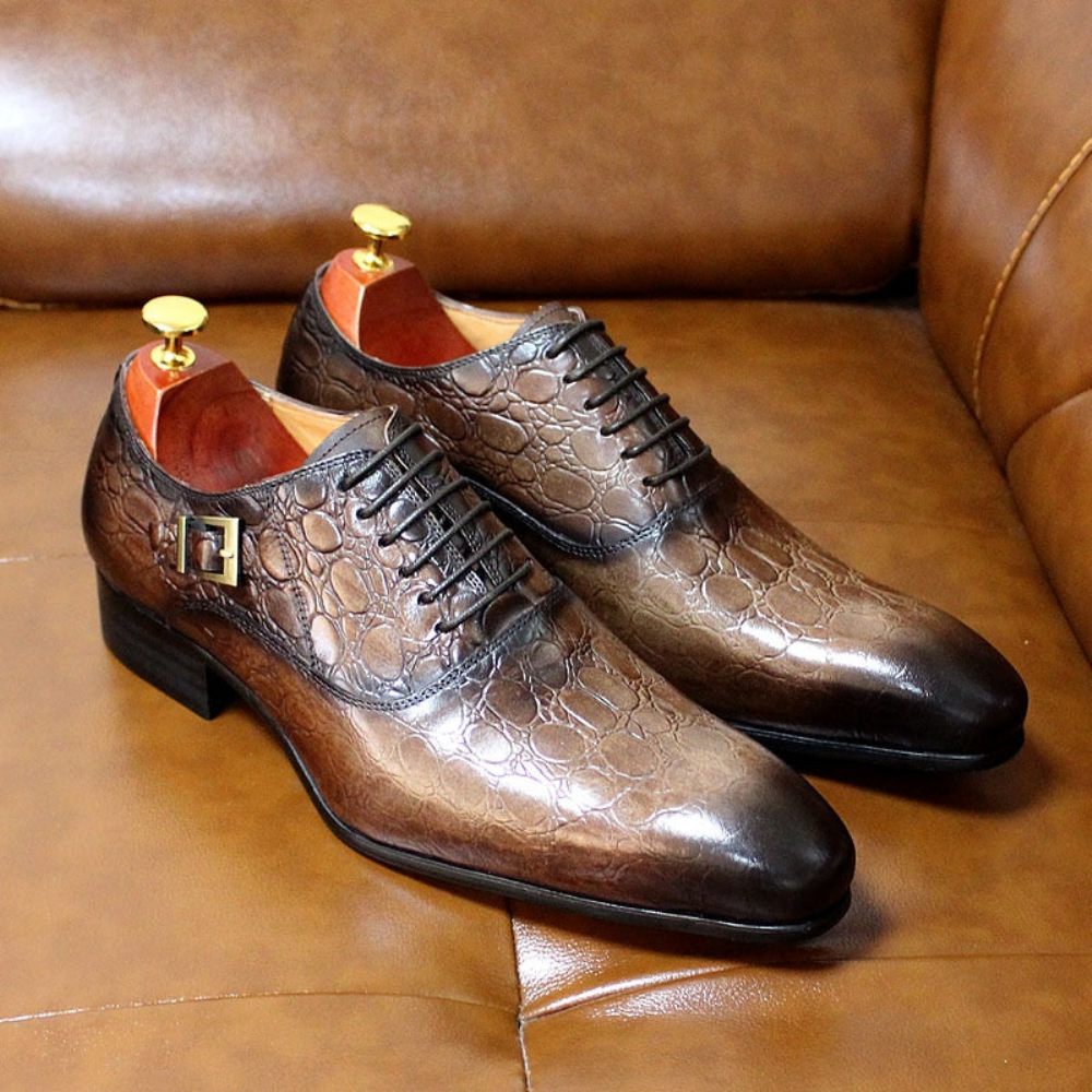 Chaussures Formelles Pour Hommes Luxe Cuir Crocodile À Bout Pointu Habillées Oxford - Café