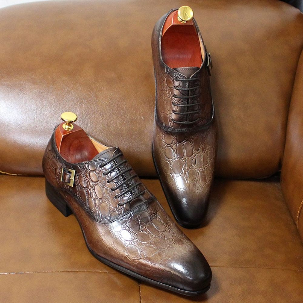 Chaussures Formelles Pour Hommes Luxe Cuir Crocodile À Bout Pointu Habillées Oxford - Café