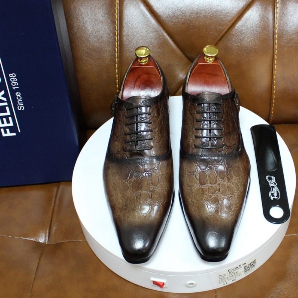 Chaussures Formelles Pour Hommes Luxe Cuir Crocodile À Bout Pointu Habillées Oxford - Café