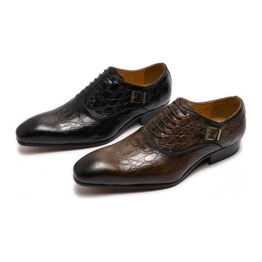 Chaussures Formelles Pour Hommes Luxe Cuir Crocodile À Bout Pointu Habillées Oxford - Café