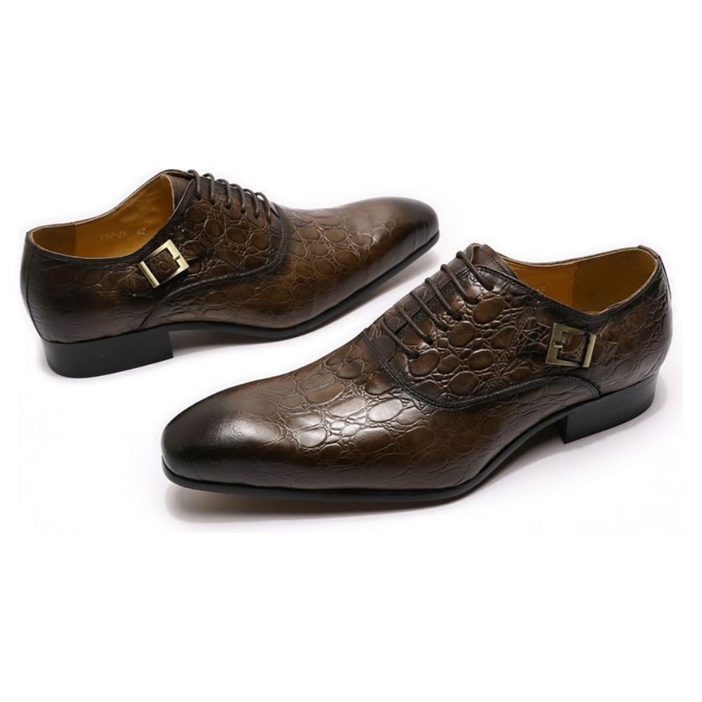 Chaussures Formelles Pour Hommes Luxe Cuir Crocodile À Bout Pointu Habillées Oxford - Café