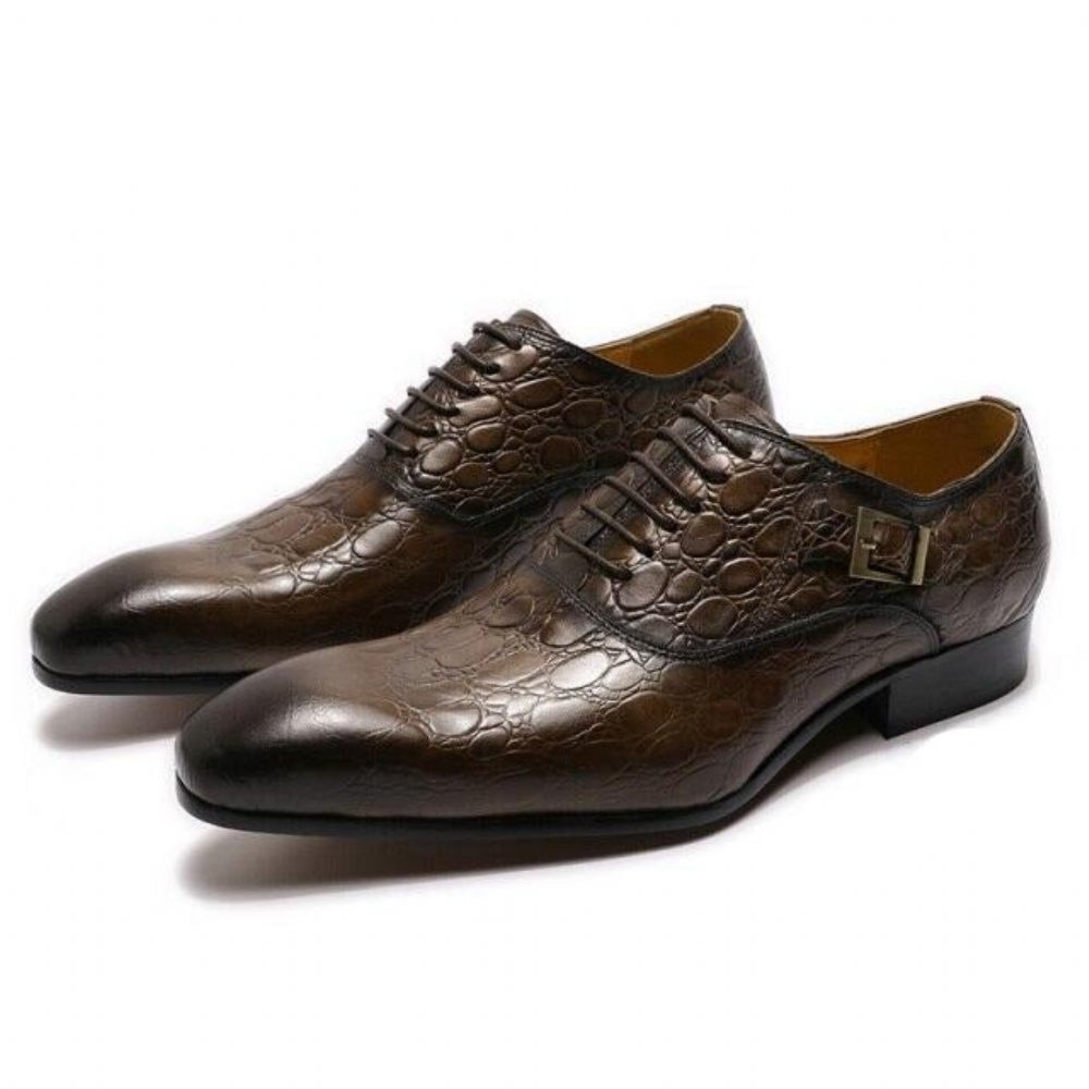 Chaussures Formelles Pour Hommes Luxe Cuir Crocodile À Bout Pointu Habillées Oxford - Café