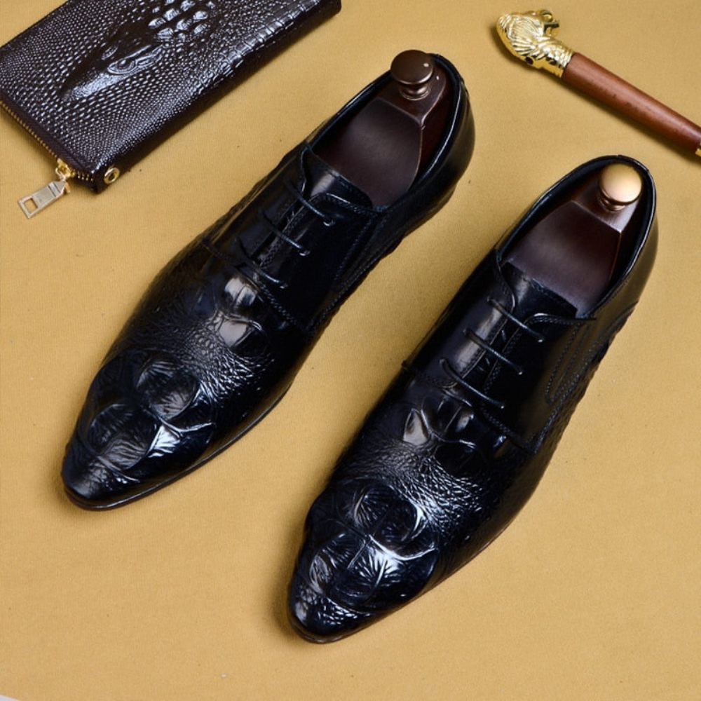 Chaussures Formelles Pour Hommes Luxe Cuir Crocodile À Bout Pointu Habillées Richelieu - Noir