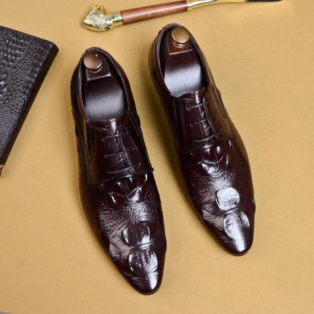 Chaussures Formelles Pour Hommes Luxe Cuir Crocodile À Bout Pointu Habillées Richelieu - Rouge