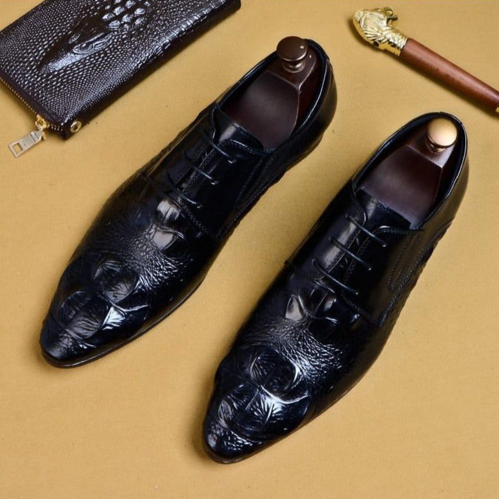 Chaussures Formelles Pour Hommes Luxe Cuir Crocodile À Bout Pointu Habillées Richelieu - Noir