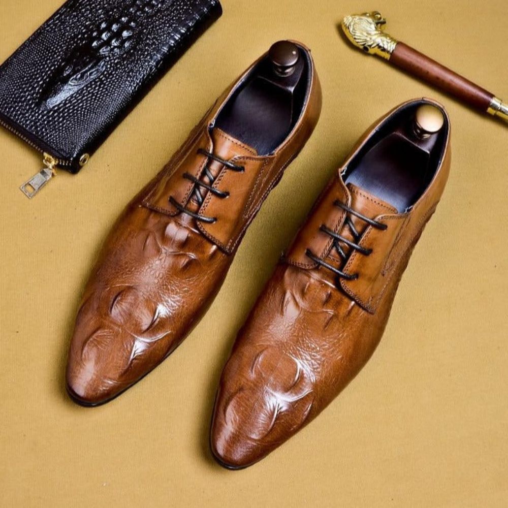 Chaussures Formelles Pour Hommes Luxe Cuir Crocodile À Bout Pointu Habillées Richelieu - Marron