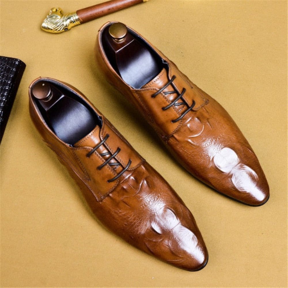 Chaussures Formelles Pour Hommes Luxe Cuir Crocodile À Bout Pointu Habillées Richelieu - Marron