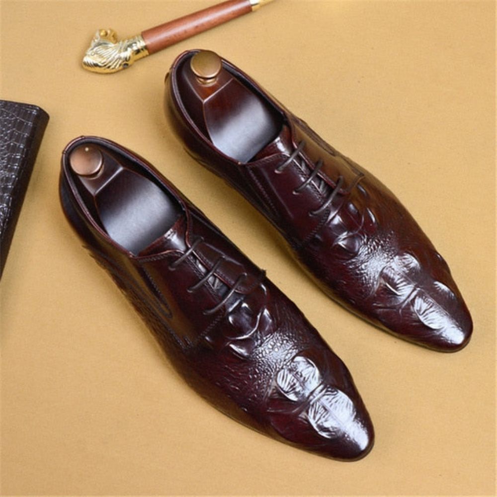 Chaussures Formelles Pour Hommes Luxe Cuir Crocodile À Bout Pointu Habillées Richelieu - Rouge