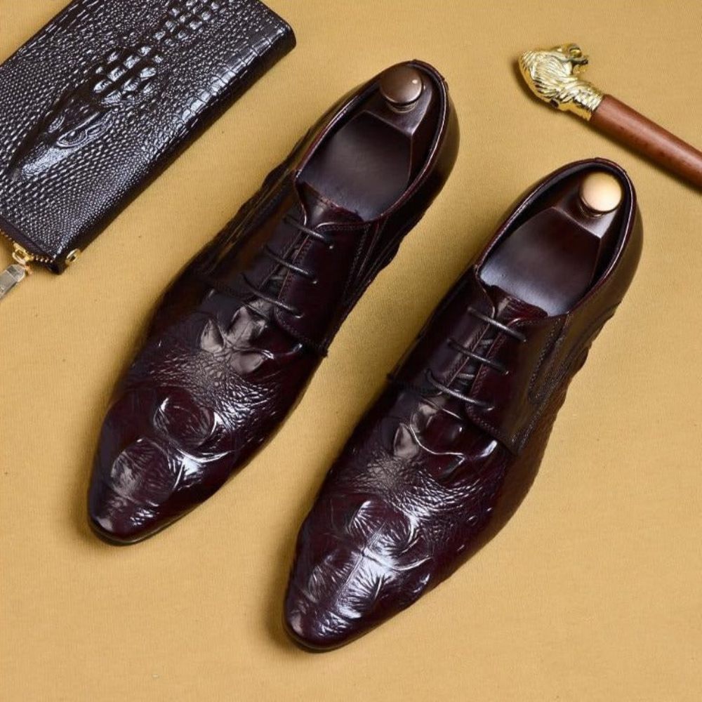 Chaussures Formelles Pour Hommes Luxe Cuir Crocodile À Bout Pointu Habillées Richelieu - Rouge