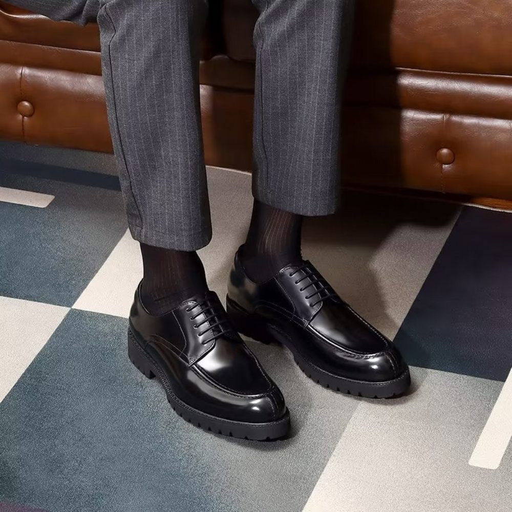 Chaussures Formelles Pour Hommes Luxe Cuir Vache À Bout Rond Derby - Noir