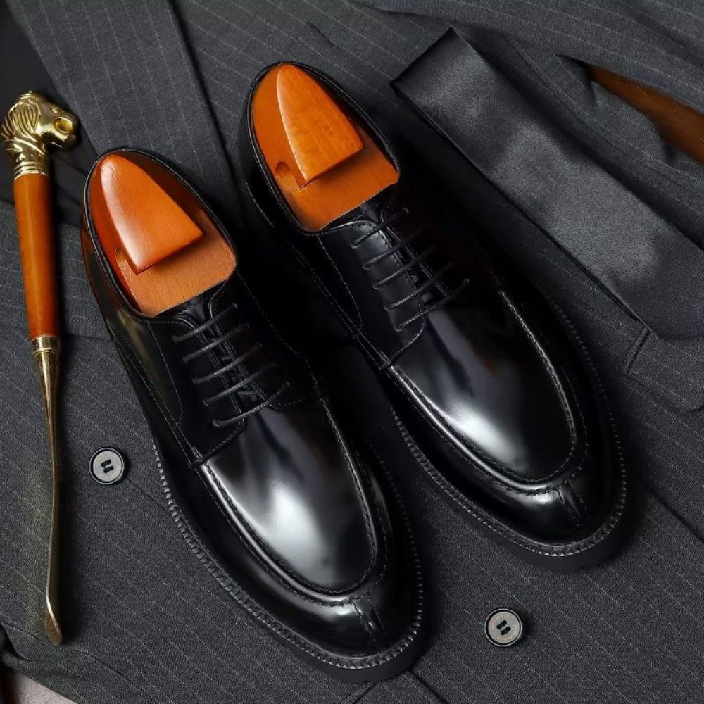 Chaussures Formelles Pour Hommes Luxe Cuir Vache À Bout Rond Derby - Noir